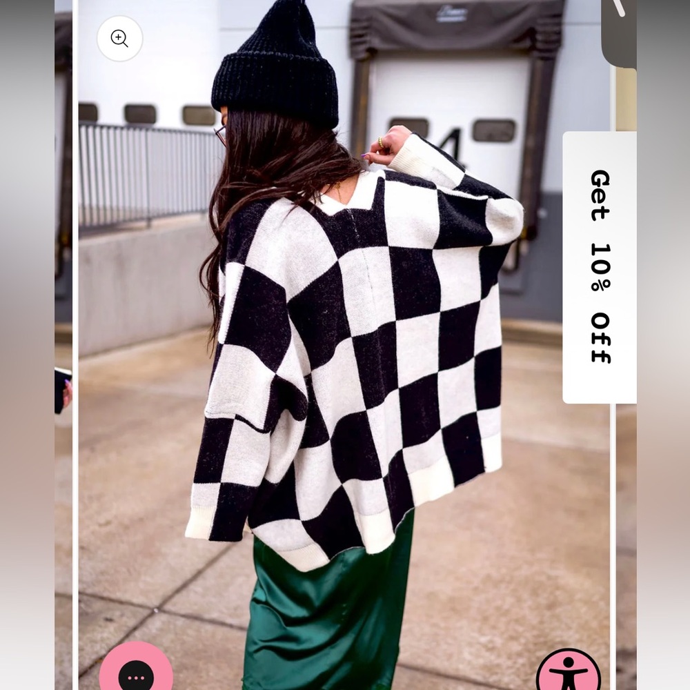 Dressed in LALA Love You Oversized Checkerboard Cardigan Black White Size L/XL - Picture 2 of 3